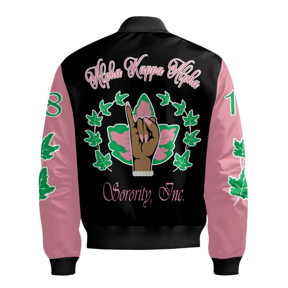 Ireishprint A.K.A Bomber Jacket, Handsign Ivy Leaf Pink Sleeve Sorority Bomber Jacket