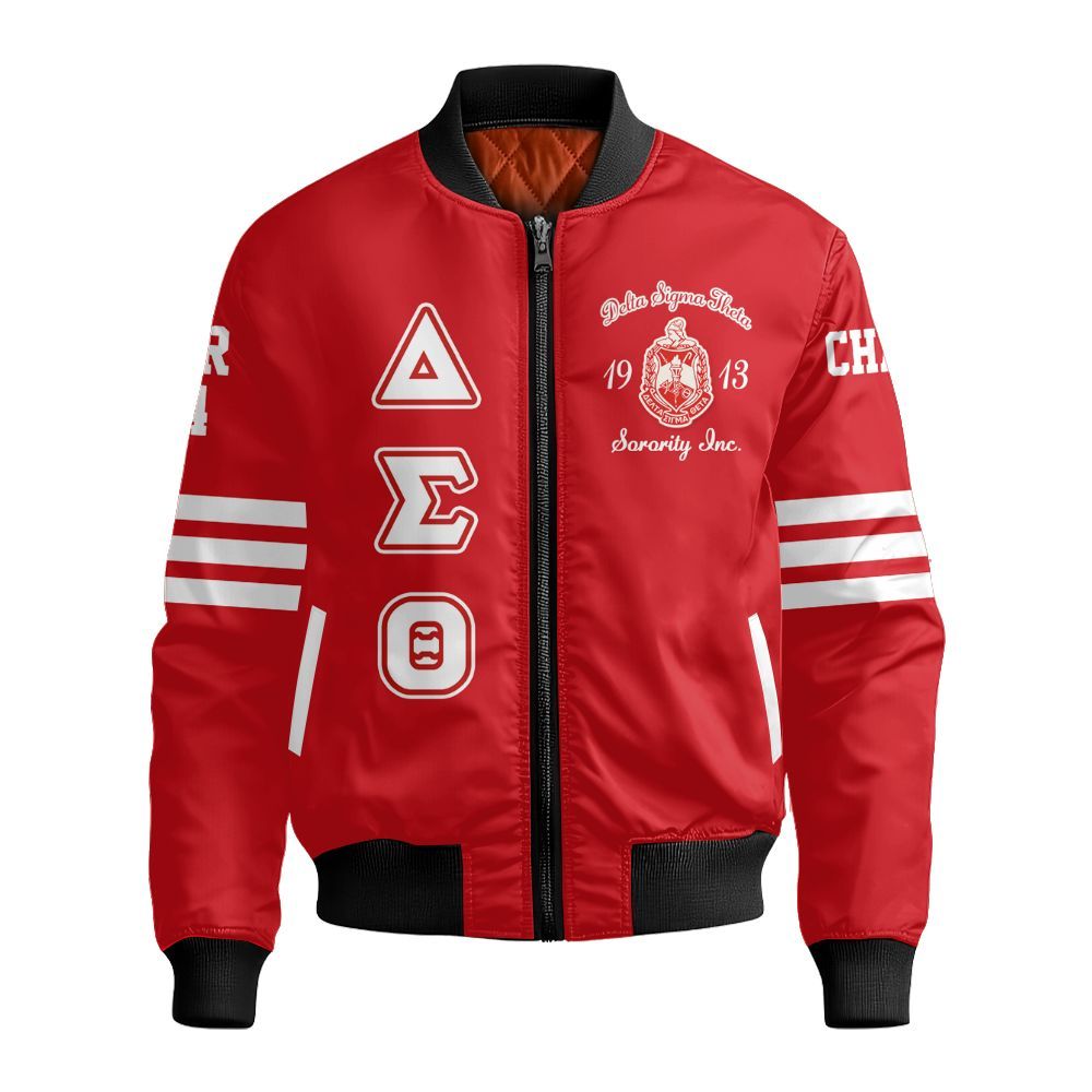 Ireishprint Delta Sigma Theta Custom Chapter Varsity Jacket, Delta Sigma Theta White Line Sleeve Crimson Red Jacket 1913 Sorority Bomber Jacket