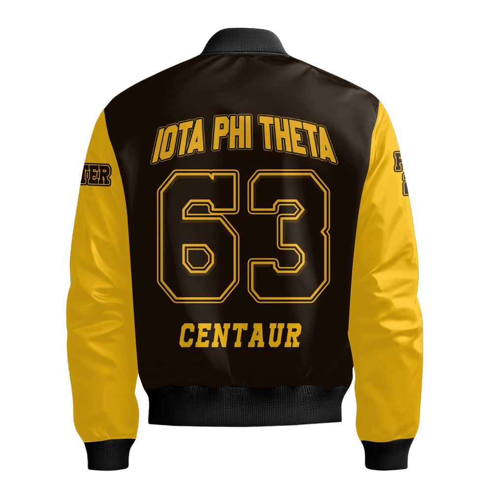 Ireishprint Iota Phi Theta Custom Chapter Varsity Jacket, Charcoal Brown Gold Sleeves ΙΦΘ Lettered Racing Style Fraternity Bomber Jacket