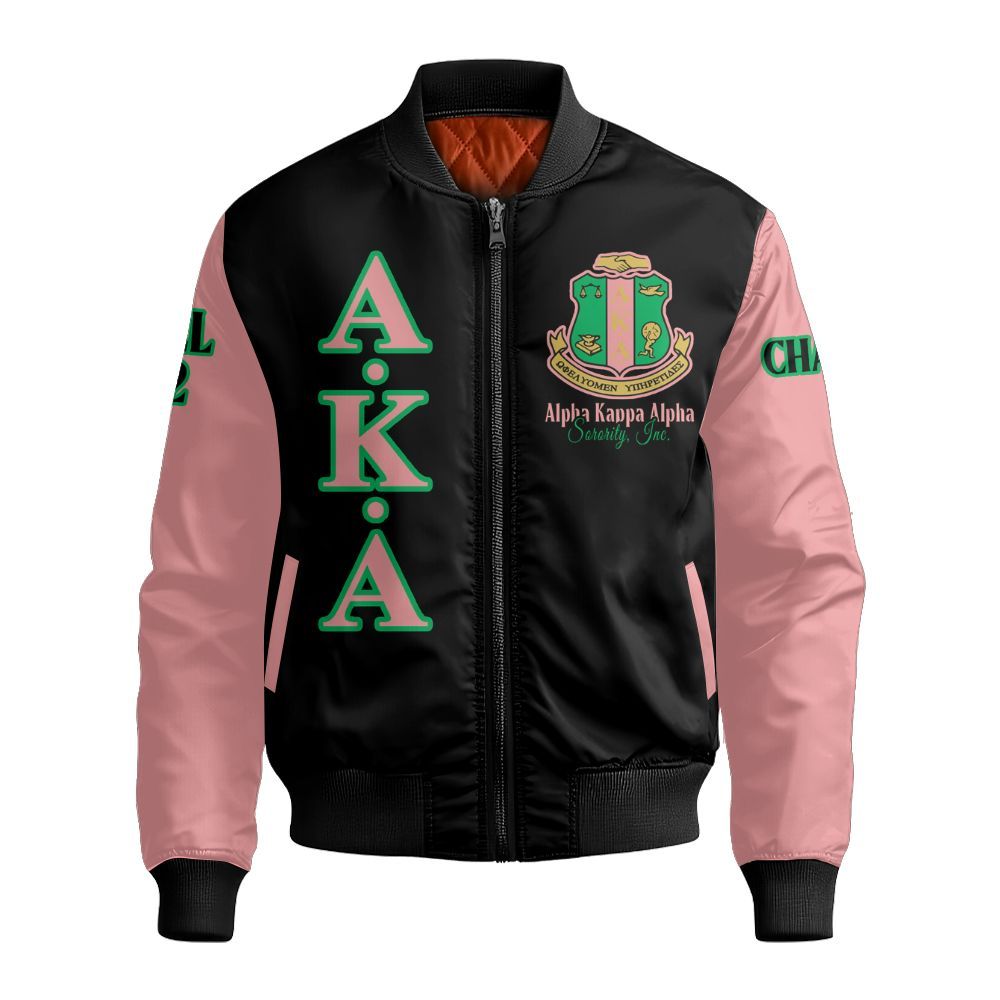 Ireishprint A.K.A Custom Chapter Varsity Jacket, Personalized Black Mix Salmon Pink Jacket A.K.A Sorority Bomber Jacket