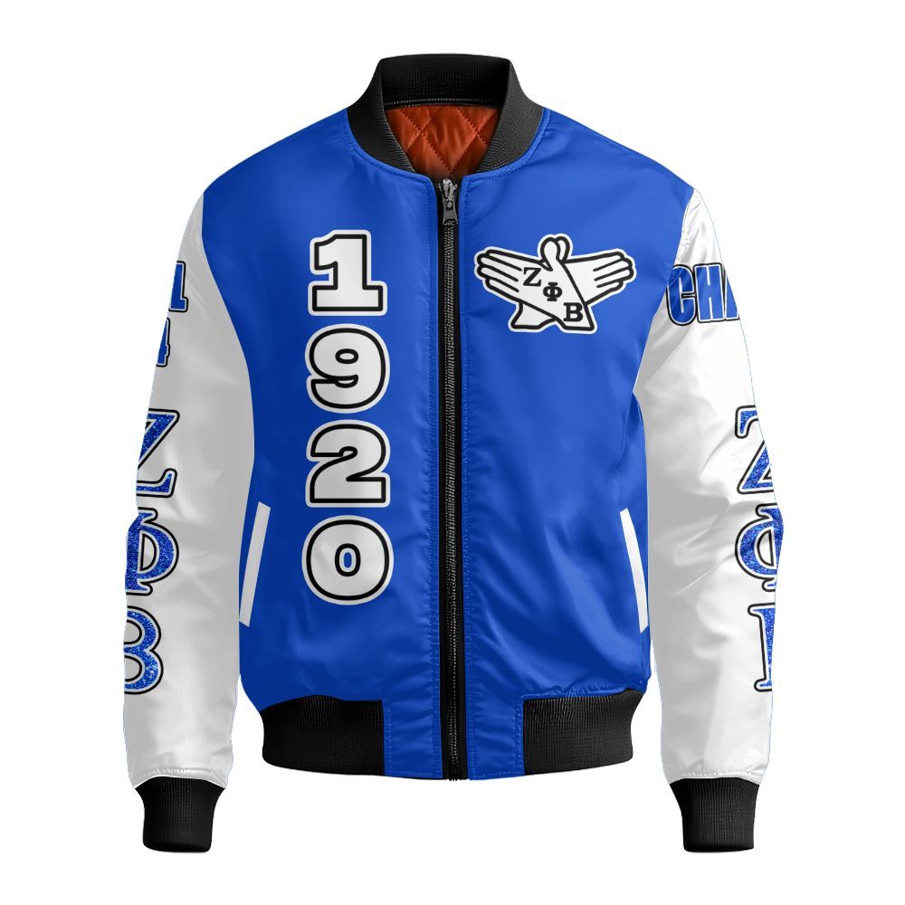 Ireishprint Zeta Phi Beta Custom Chapter Shirt, Personalized Your Z Phi B Dove Blue Gilter Style White Sleeve 1920 Zeta Phi Beta Sorority Bomber Jacket