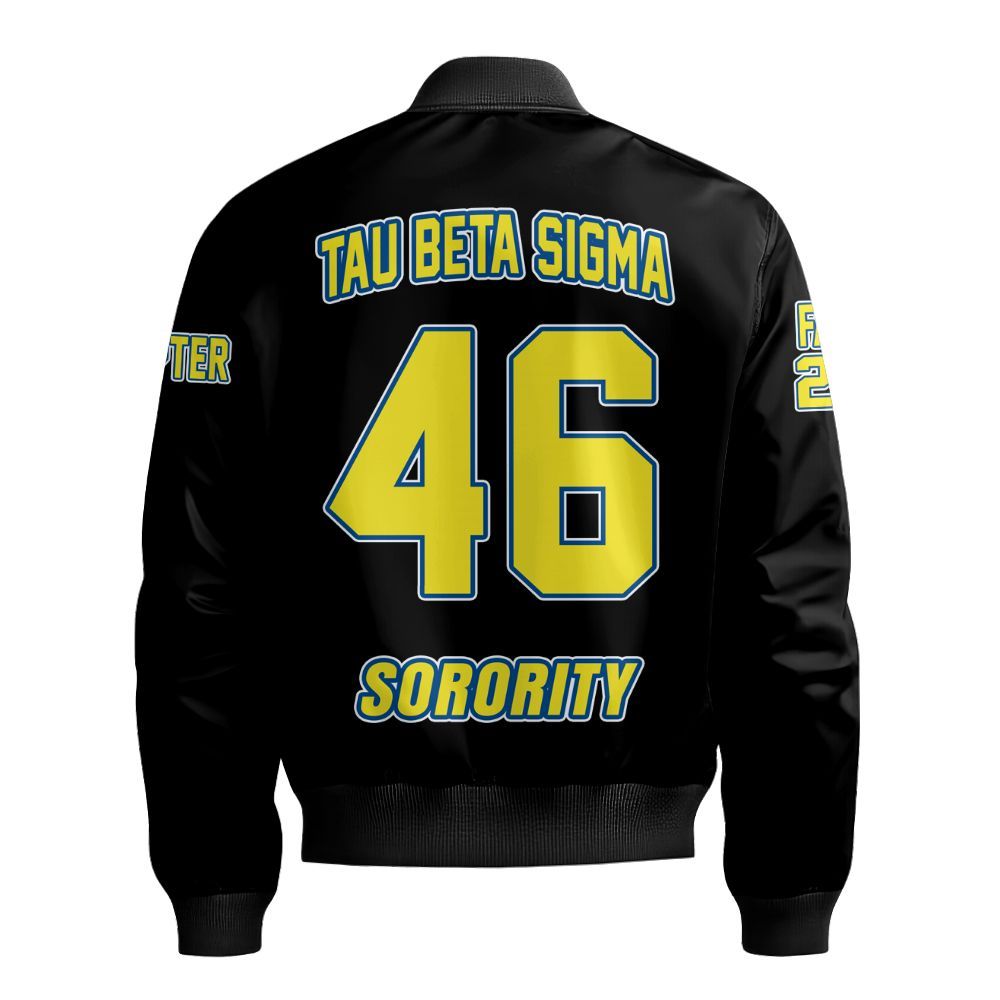 Ireishprint Tau Beta Sigma Custom Chapter Varsity Jacket, Personalized Black Yellow Varsity Jacket Tau Beta Sigma Sorority Bomber Jacket