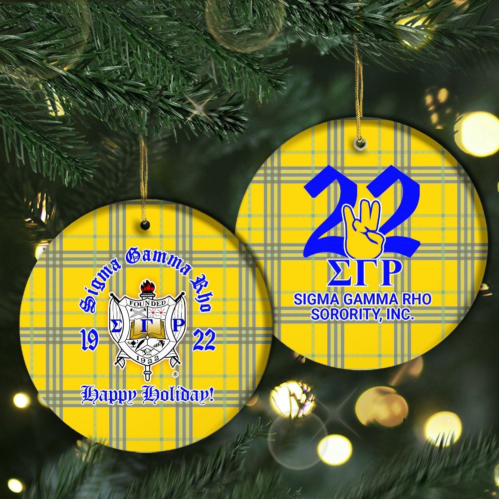 Ireishprint Sigma Gamma Rho Ceramic Ornament, Gold Duo Blue Handsign Inspired 1922 Sorority Xmas Ornament