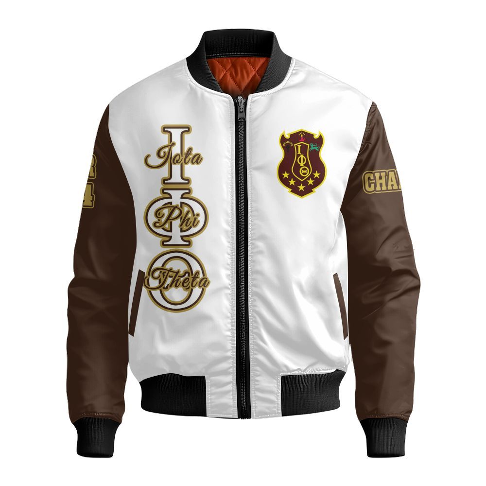 Ireishprint Iota Phi Theta Custom Chapter Polo Shirt, Personalized Charcoal Brown Sleeves White Polo Shirt Iota Phi Theta Fraternity Bomber Jacket