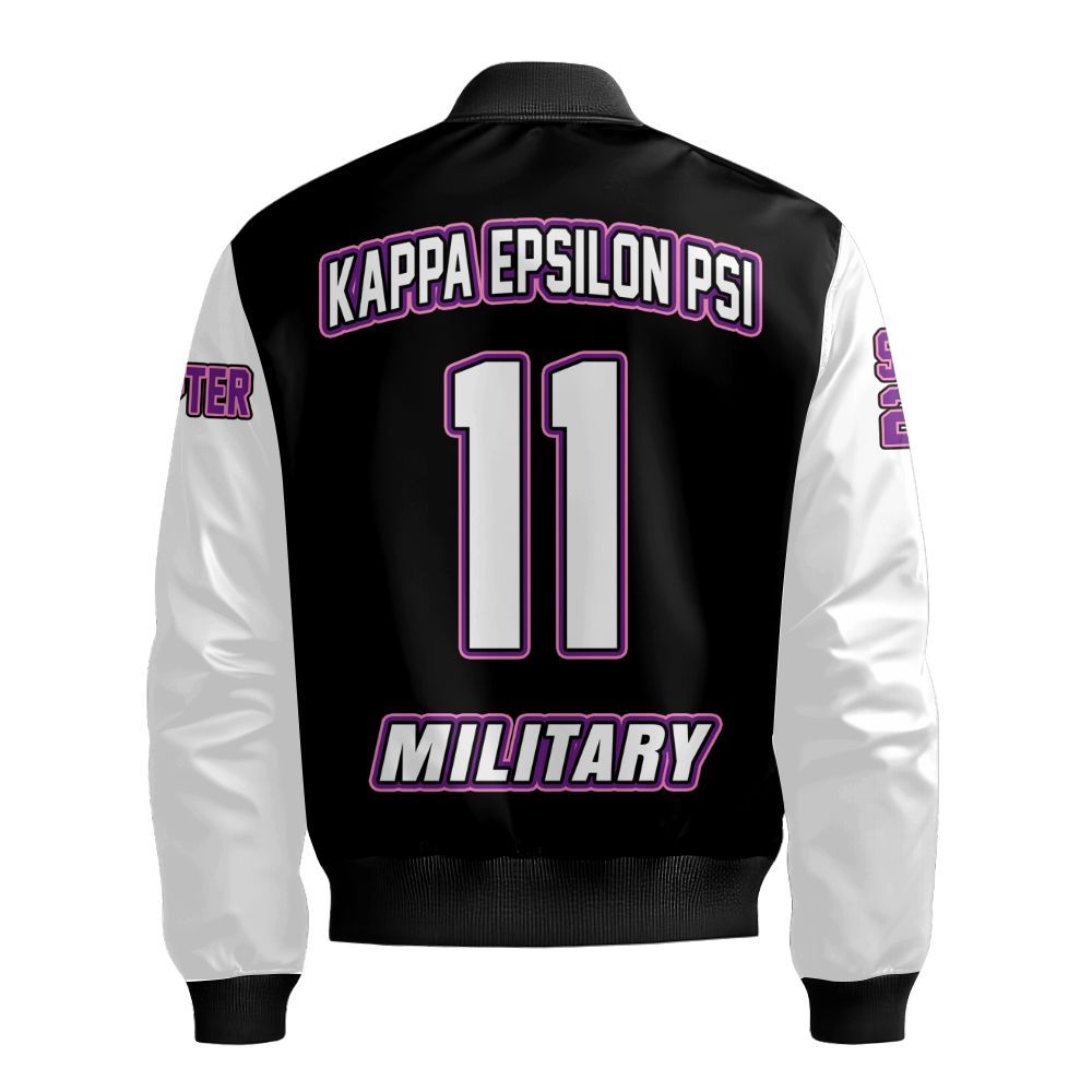 Ireishprint Kappa Epsilon Psi Military Custom Chapter Varsity Jacket, Personalized Black Mix White Kappa Epsilon Psi Military Sorority Bomber Jacket