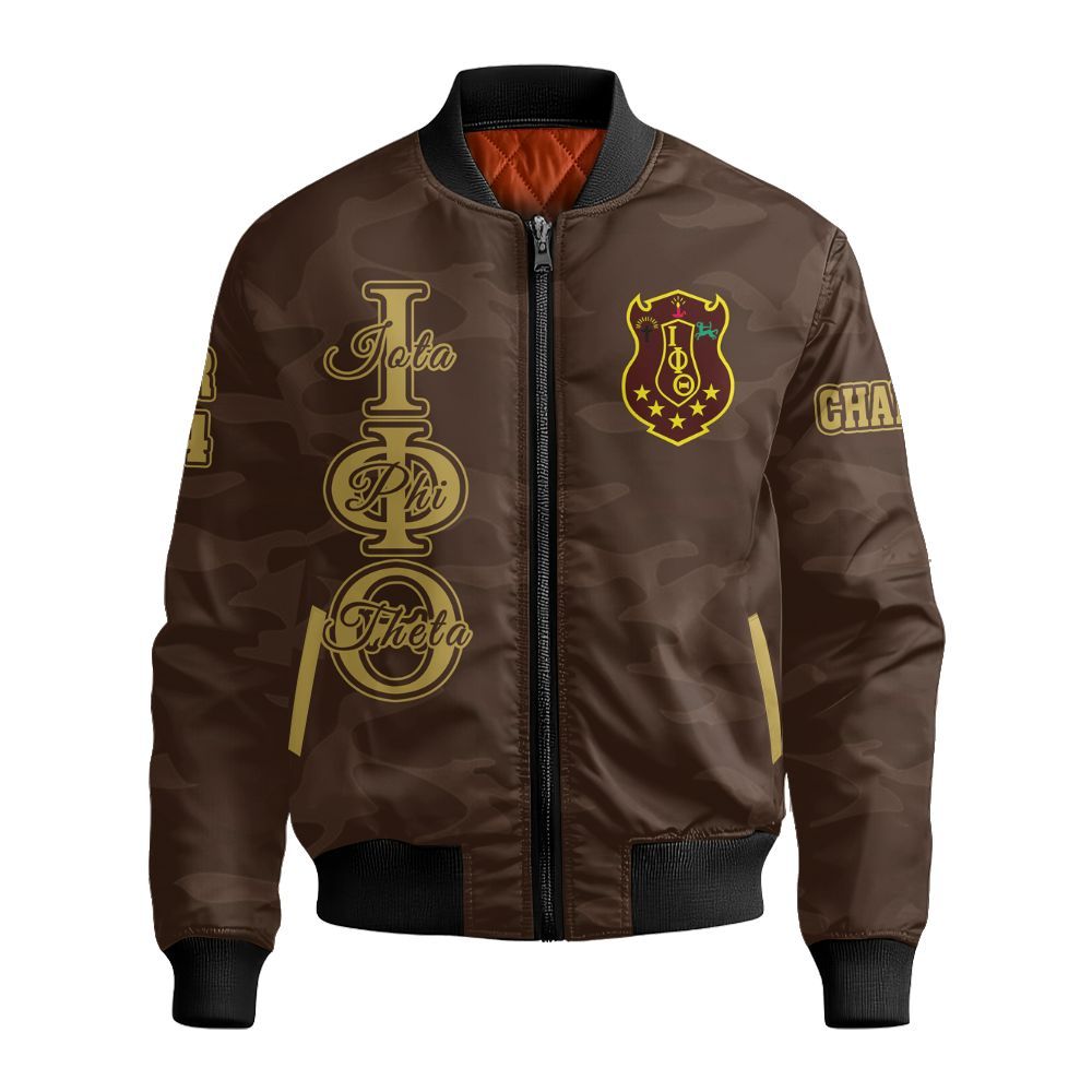 Ireishprint Iota Phi Theta Custom Line Crossing Jacket, Personalized Camo Style Charcoal Brown Jacket Iota Phi Theta Fraternity Bomber Jacket