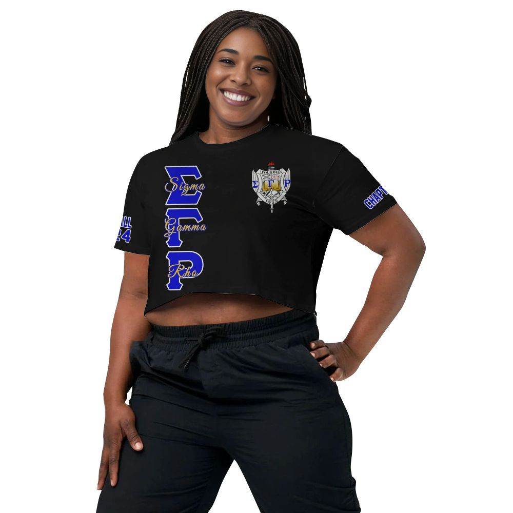 Ireishprint Sigma Gamma Rho Custom Chapter Crop Shirt, Personalized Black Royal Blue Sigma Gamma Rho Sorority Crop Top 3D