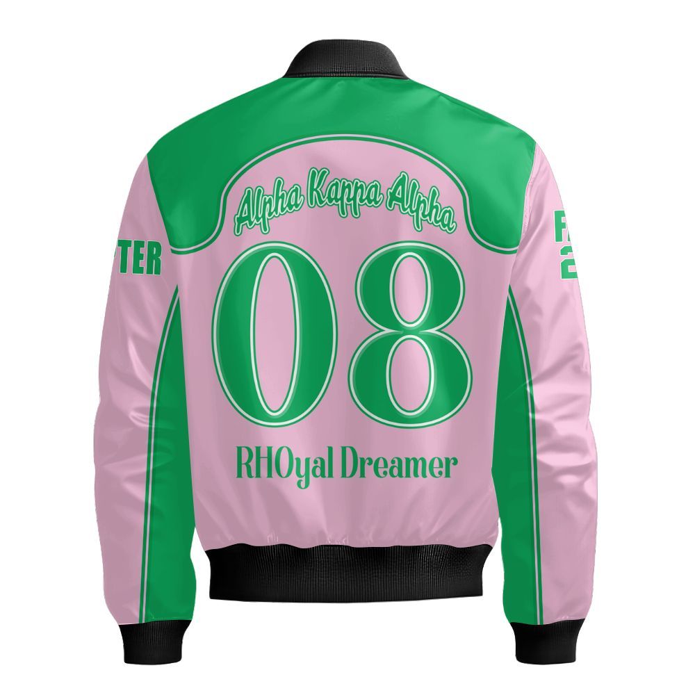 Ireishprint A.K.A Custom Chapter Shirt, Salmon Pink And Apple Green Racing Style 1908 Sorority Bomber Jacket
