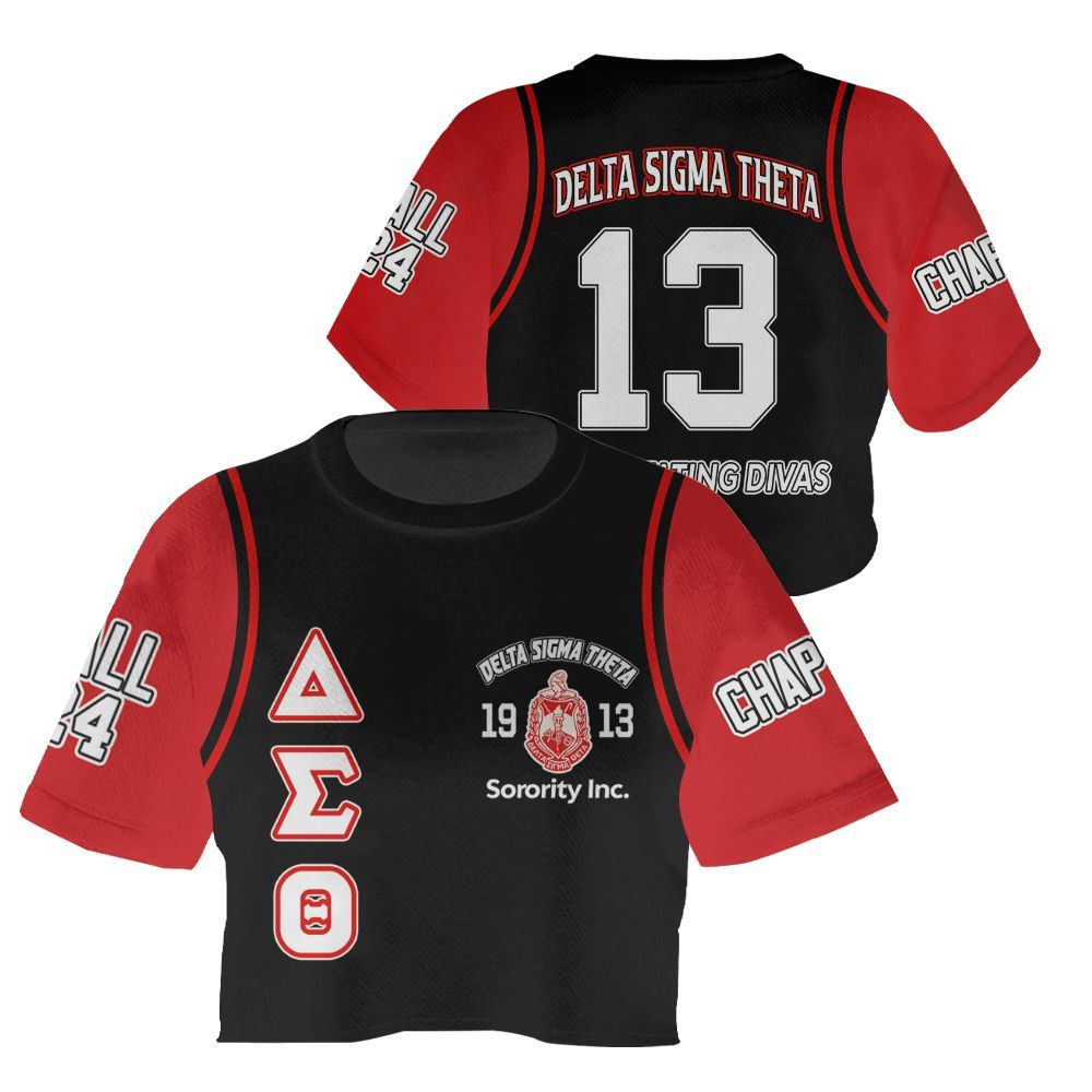Ireishprint Delta Sigma Theta Custom Chapter Crop Shirt, Delta Sigma Theta Red Curved Shoulder Style White Sleeve 1913 Sorority Crop Top