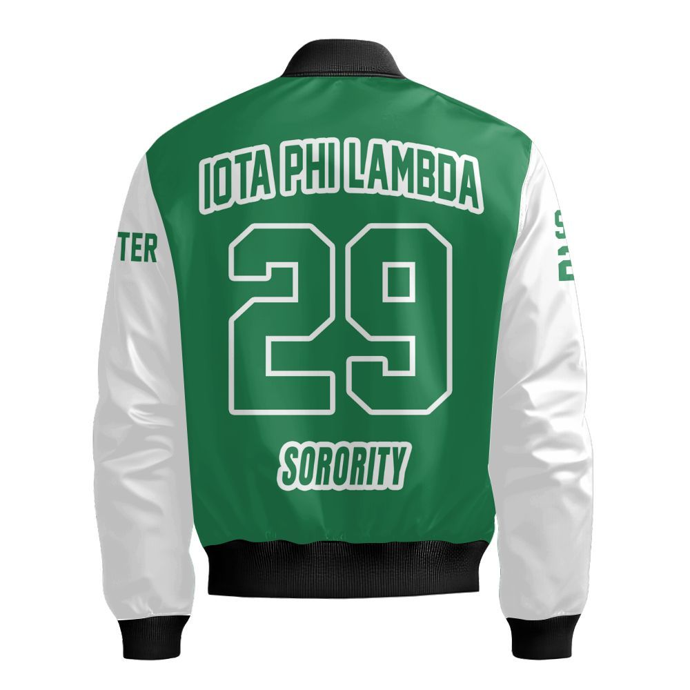 Ireishprint Iota Phi Lambda Custom Chapter Varsity Jacket, Personalized Emerald Green Mix White Varsity Jacket Iota Phi Lambda Sorority Bomber Jacket