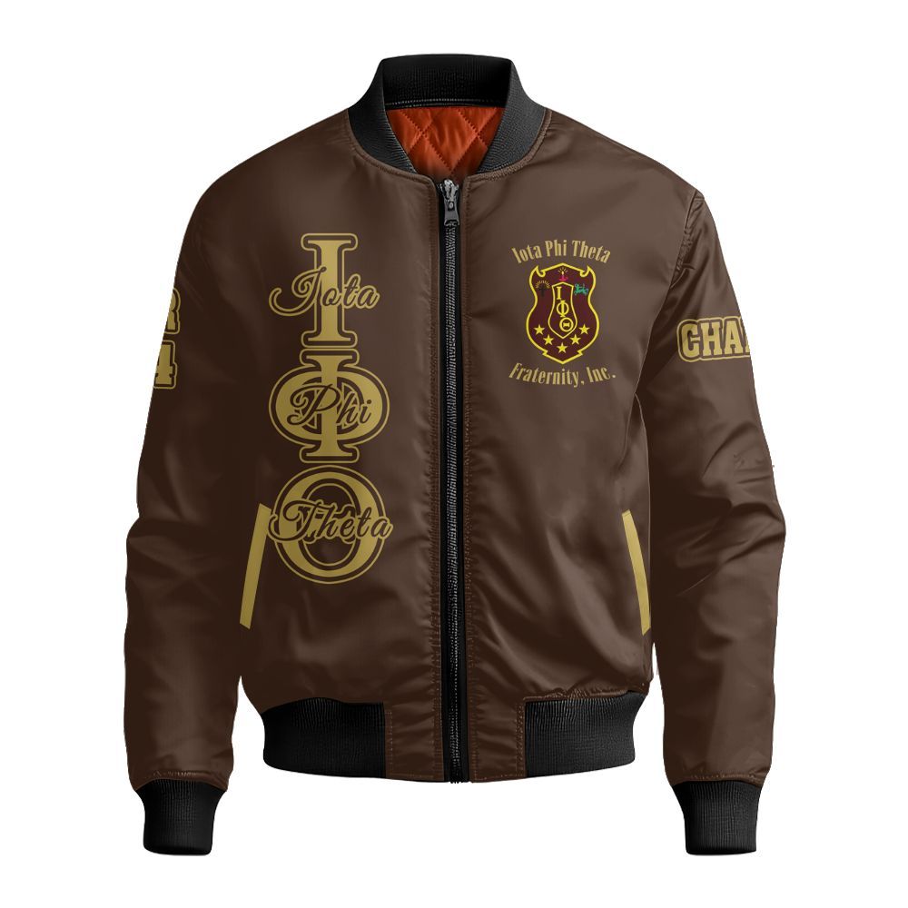 Ireishprint Iota Phi Theta Custom Line Crossing Jacket, Personalized Centaur Charcoal Brown Jacket Iota Phi Theta Fraternity Bomber Jacket