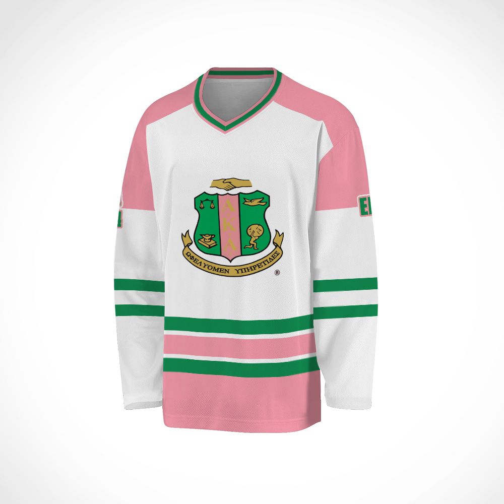 Ireishprint A.K.A Custom Chapter Hockey Jersey, White Mix Salmon Pink Simple Style 1908 Sorority Hockey Jersey