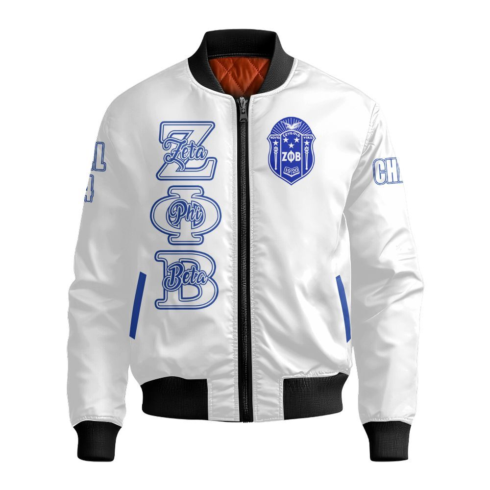 Ireishprint Zeta Phi Beta Custom Chapter Bomber Jacket, Personalized White Shirt Zeta Phi Beta Sorority Bomber Jacket