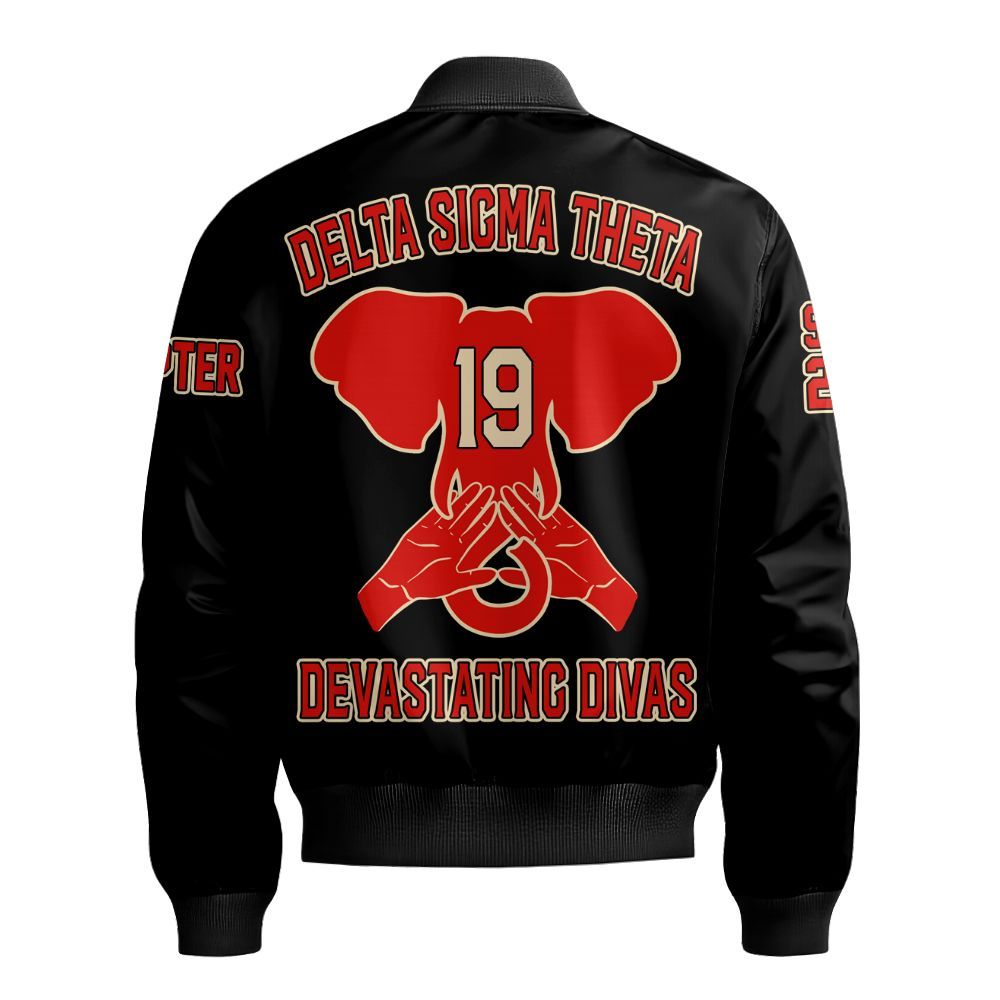 Ireishprint Delta Sigma Theta Custom Chapter Bomber Jacket, Personalized Elephant HandSign Black Jacket Delta Sigma Theta Sorority Bomber Jacket