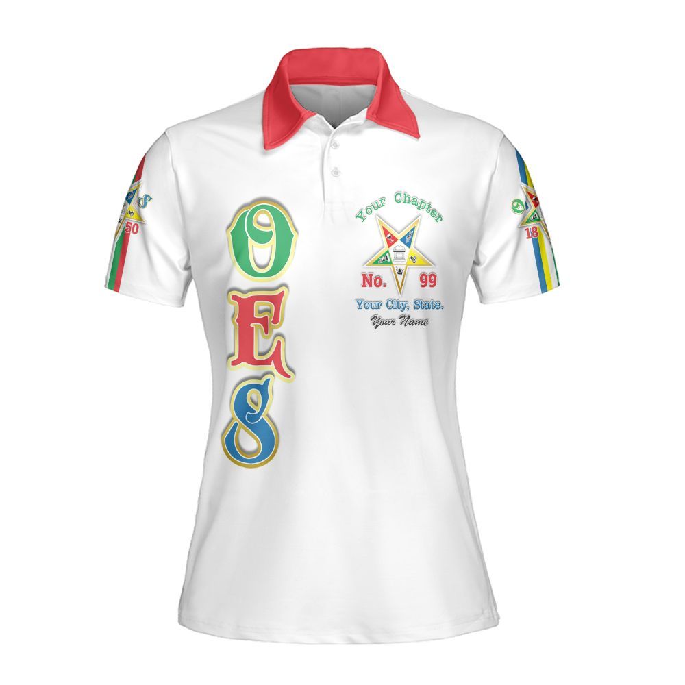 Ireishprint OES Custom Legacy Polo Shirt, White Multicolor Line Emblem Order Of The Eastern Star OES Polo Shirt Sorority Polo Shirt