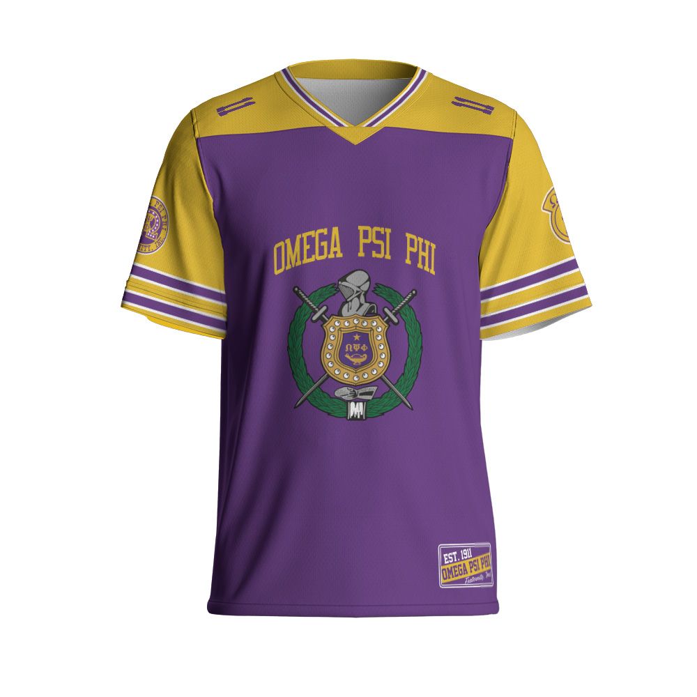 Ireishprint ΩΨΦ Custom Back Line Football Jersey, Purple Duo Gold Omega Jersey Fraternity