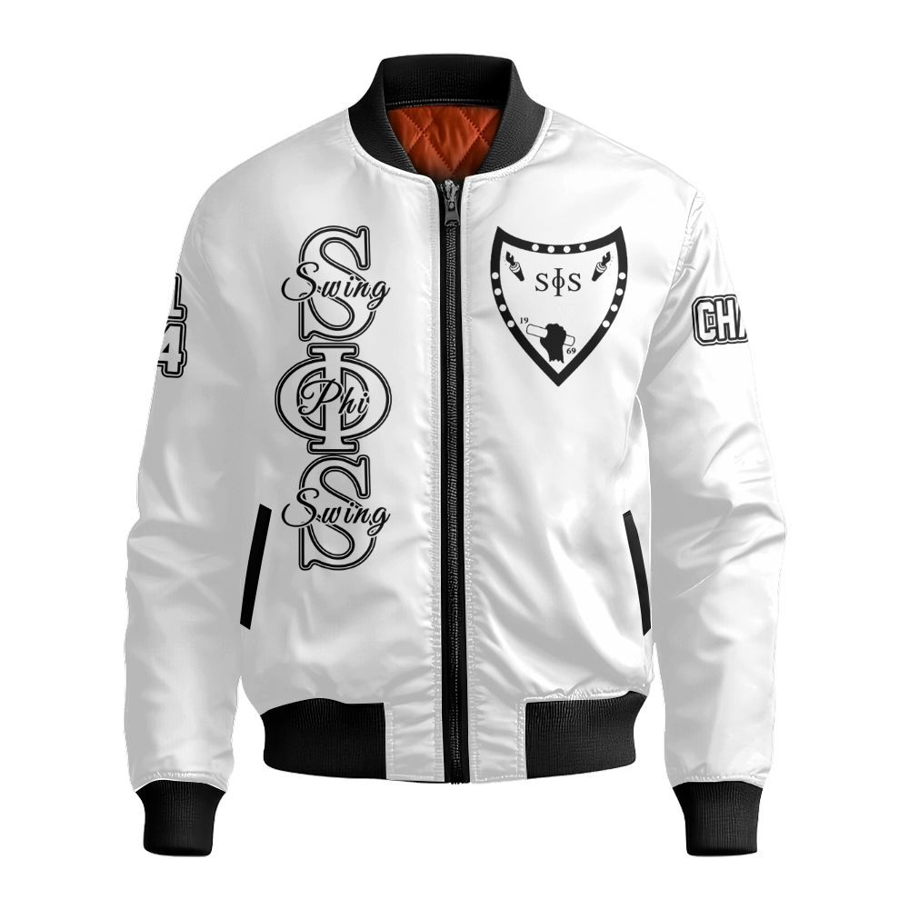 Ireishprint Swing Phi Swing Custom Chapter Off Shoulder Sweatshirt, Custom Off Shoulder Sweatshirt White Swing Phi Swing Sorority Bomber Jacket