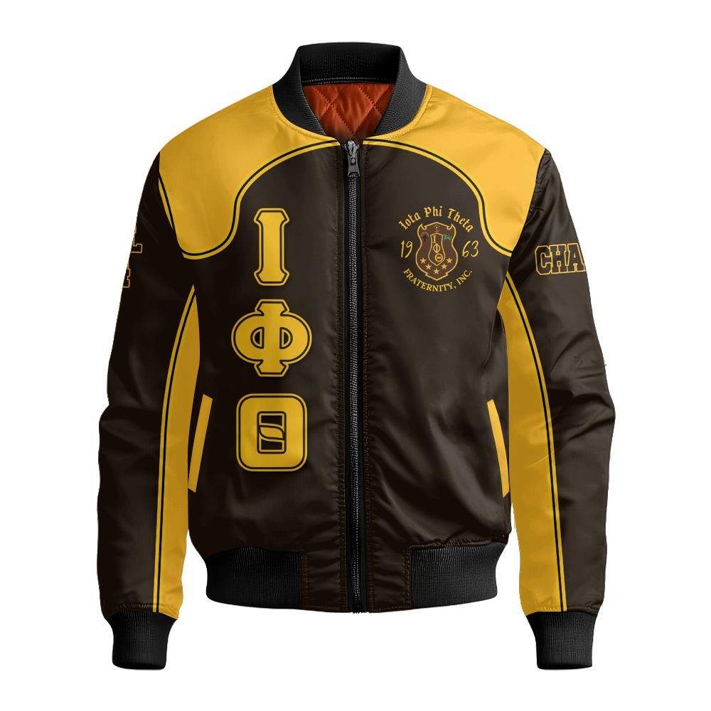 Ireishprint Iota Phi Theta Custom Chapter Shirt, Charcoal Brown ΙΦΘ Lettered Racing Style Fraternity Bomber Jacket