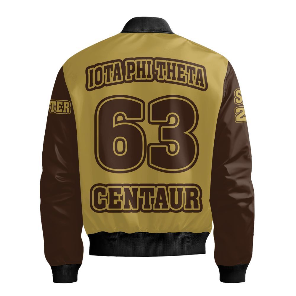 Ireishprint Iota Phi Theta Custom Chapter Bomber Jacket, Charcoal Brown Sleeves Gilded Gold Iota Phi Theta Fraternity Bomber Jacket