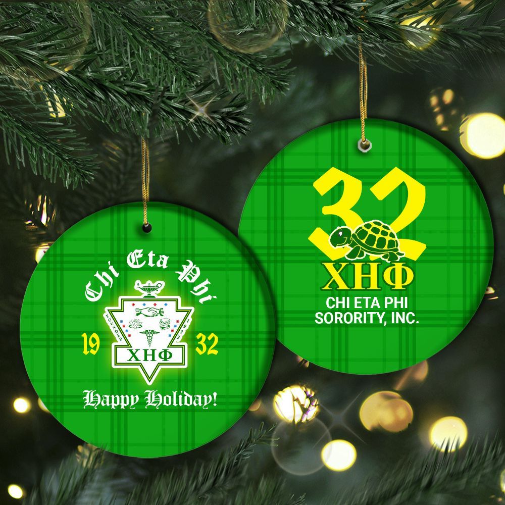 Ireishprint Chi Eta Phi Ceramic Ornament, Turtle Green Mix Yellow Sorority Christmas Ornament