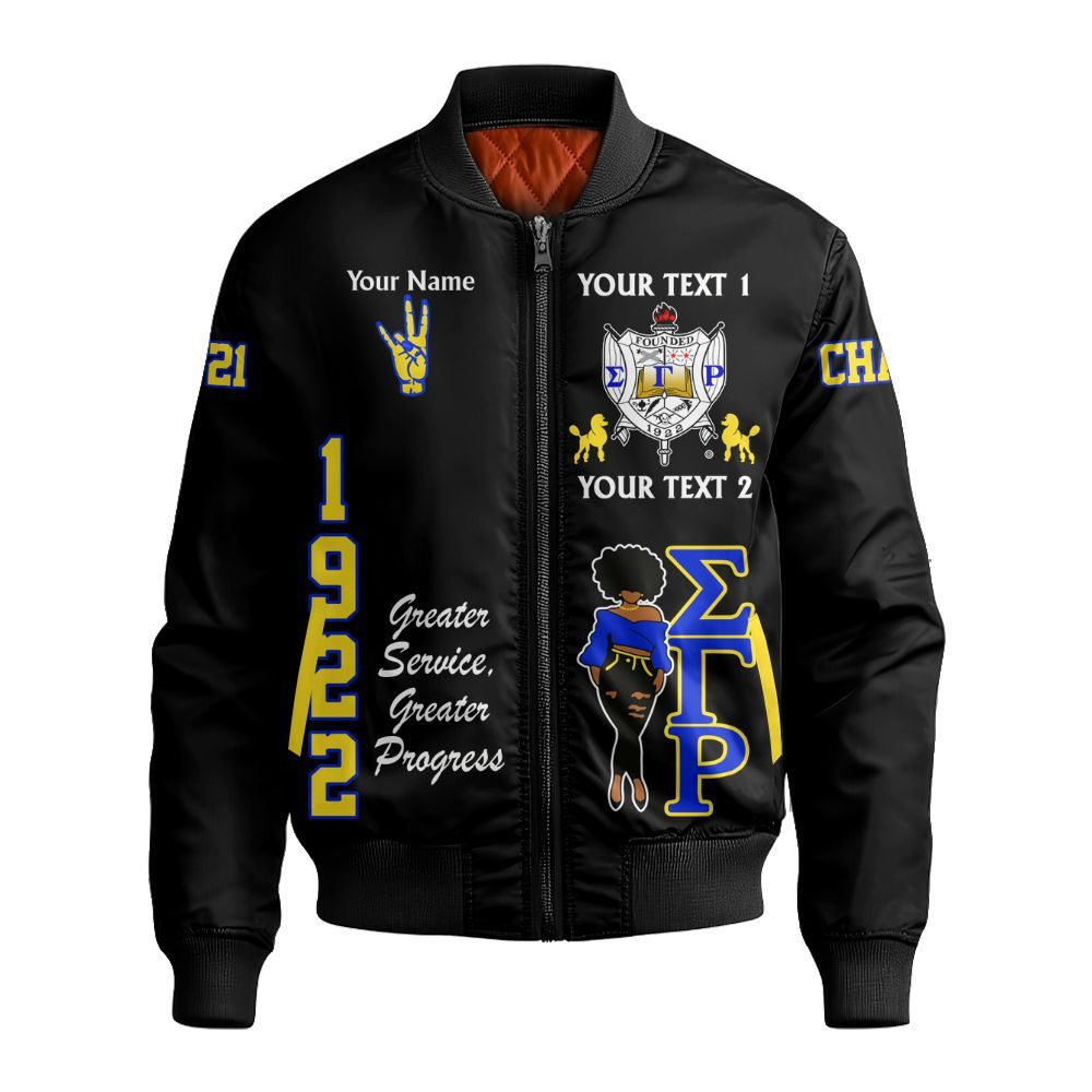 Ireishprint Sigma Gamma Rho Custom Full Line Bomber Jacket, Gold Duo Black Crest Highlight Style 1922 Sorority Bomber Jacket