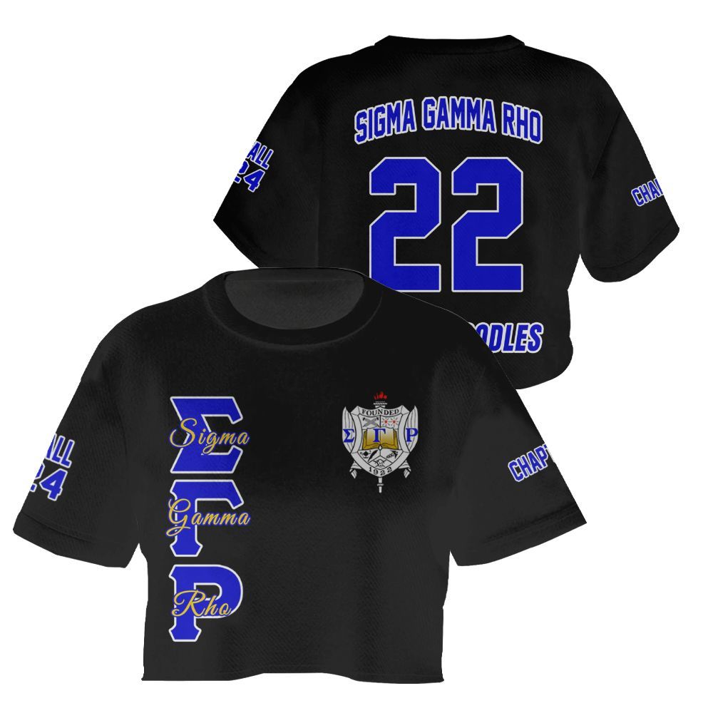 Ireishprint Sigma Gamma Rho Custom Chapter Crop Shirt, Personalized Black Royal Blue Sigma Gamma Rho Sorority Crop Top 3D