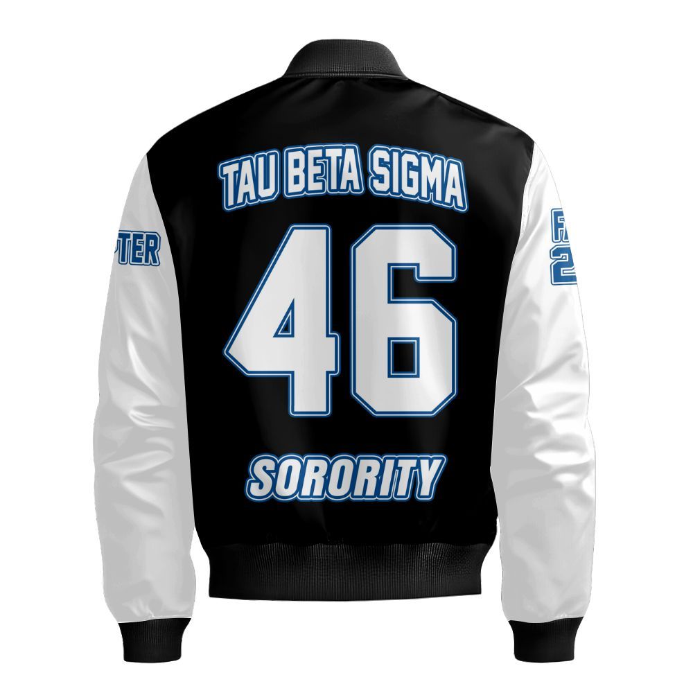 Ireishprint Tau Beta Sigma Custom Chapter Off Shoulder Sweatshirt, Personalized Black Mix White Tau Beta Sigma Sorority Bomber Jacket