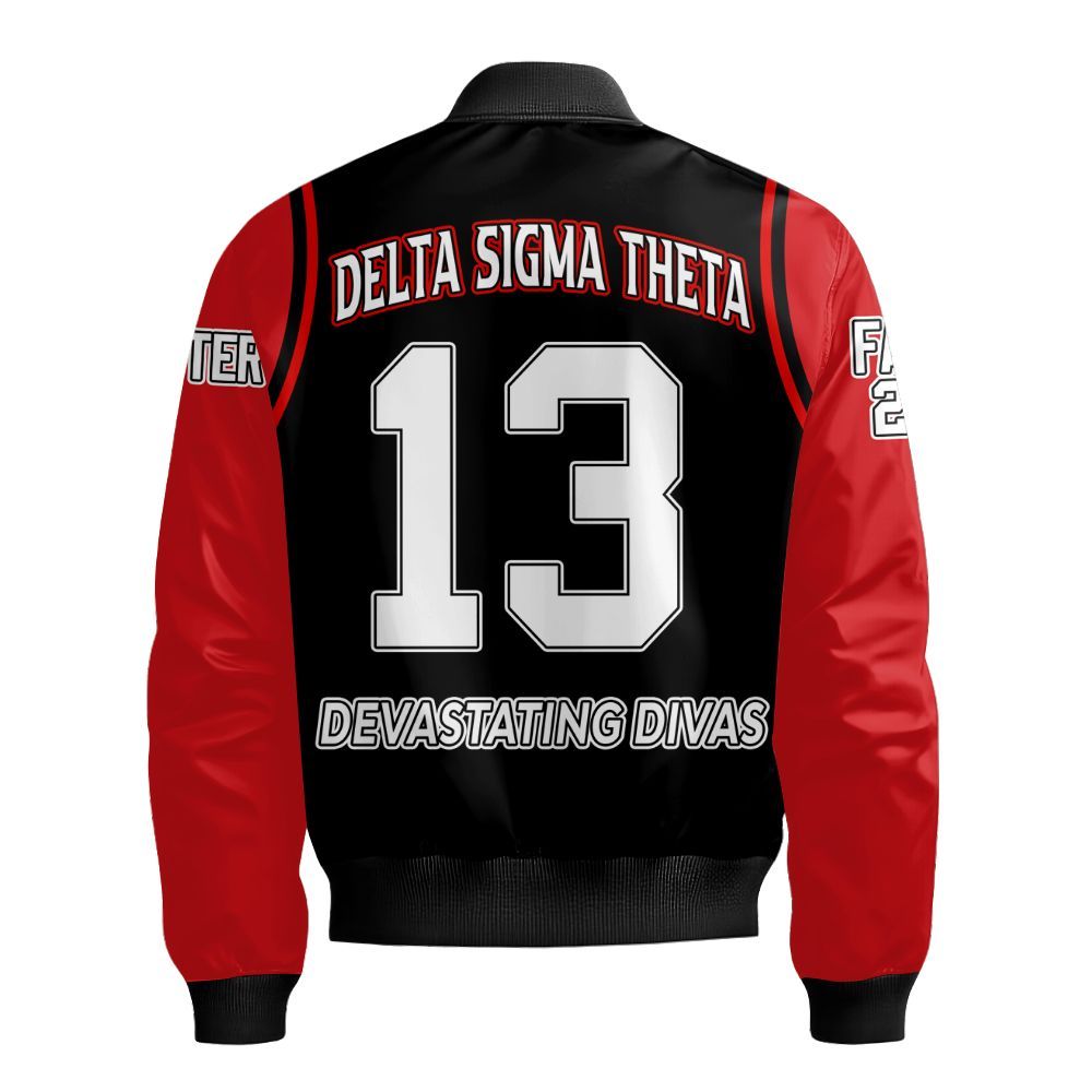 Ireishprint Delta Sigma Theta Custom Chapter Bomber Jacket, Delta Sigma Theta Red Curved Shoulder Style White Sleeve 1913 Sorority Bomber Jacket