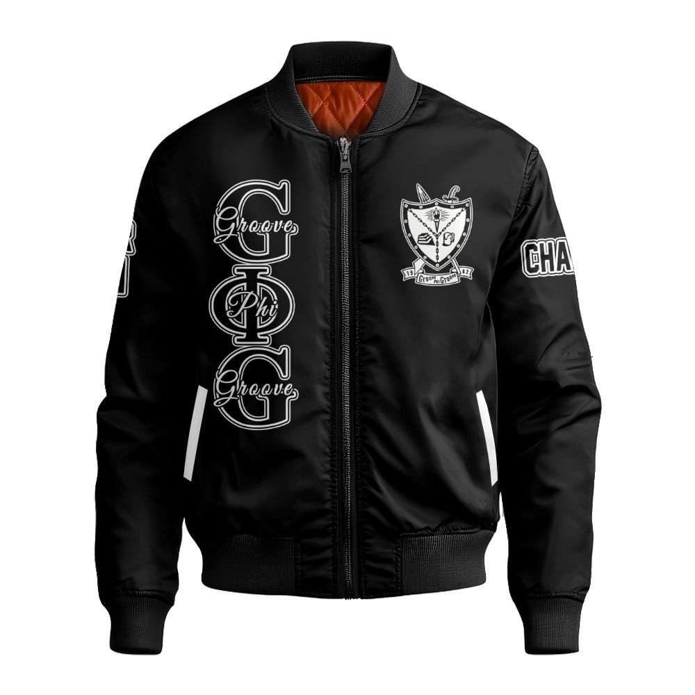Ireishprint Groove Phi Groove Custom Chapter Stitched Jacket, Personalized White Black Stitched Jacket Groove Phi Groove Fraternity Bomber Jacket