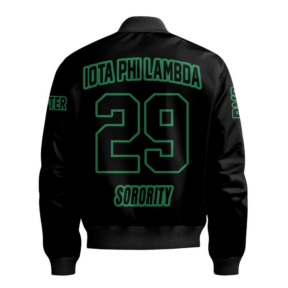 Ireishprint Iota Phi Lambda Custom Chapter Off Shoulder Sweatshirt, Personalized Black Emerald Green Iota Phi Lambda Sorority Bomber Jacket