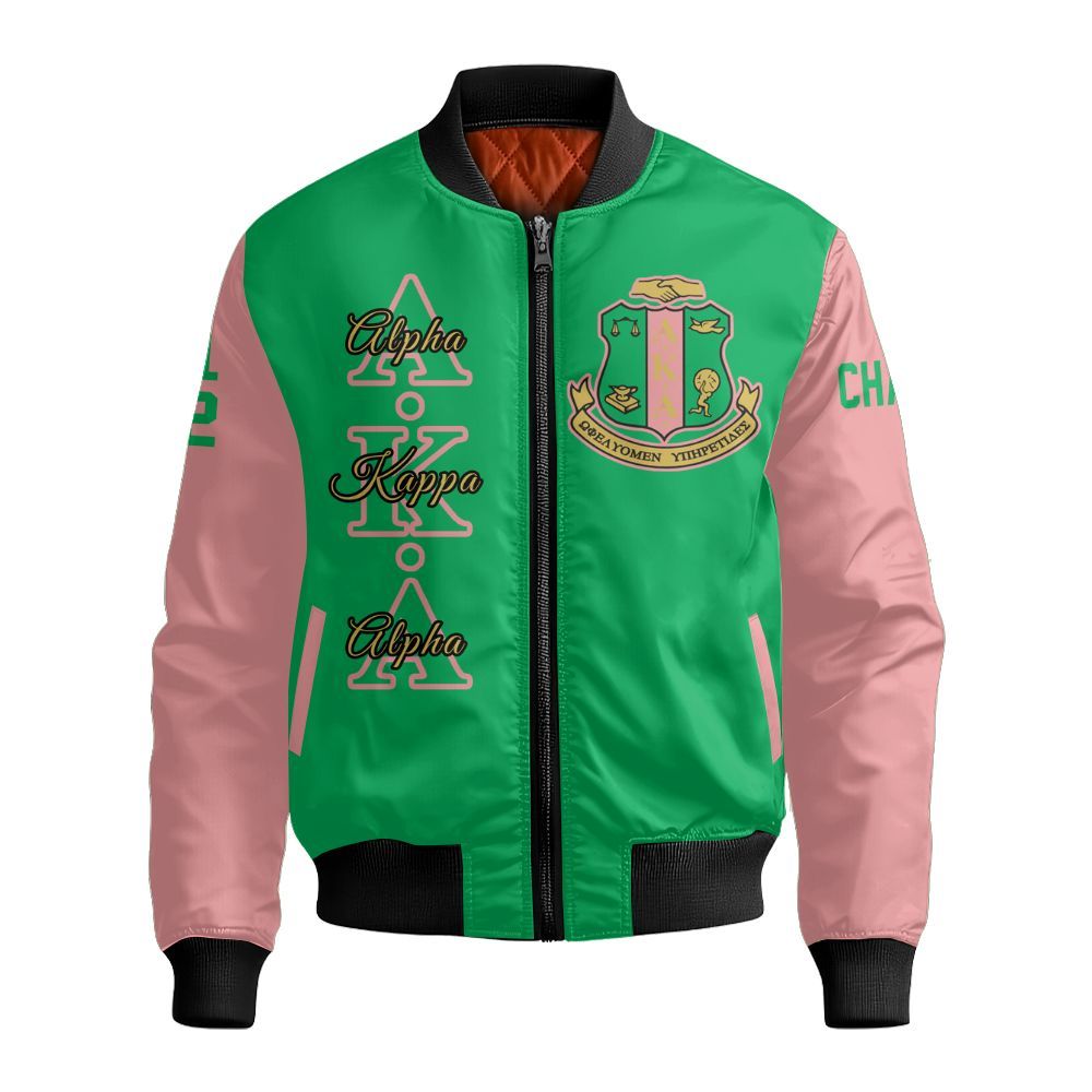 Ireishprint A.K.A Custom Chapter Varsity Jacket, Personalized Apple Green Mix Salmon Pink Jacket 1908 Sorority Bomber Jacket