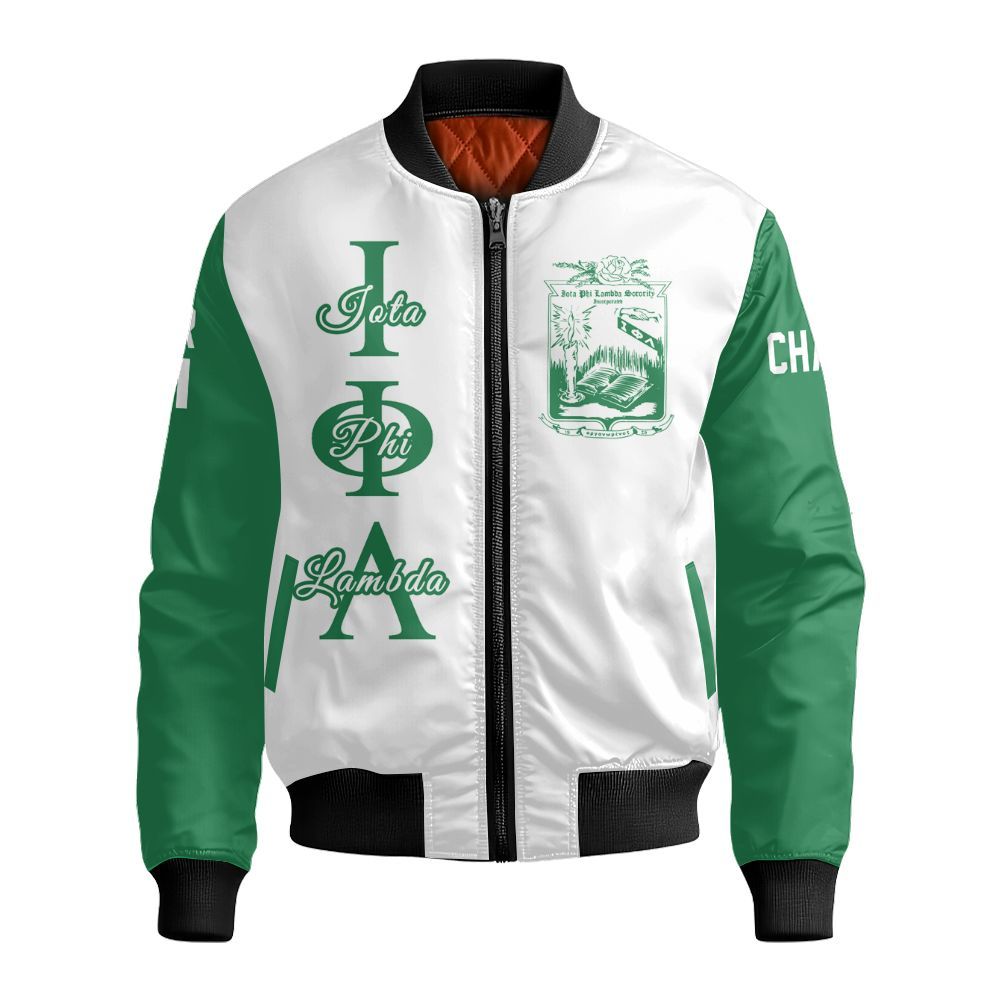 Ireishprint Iota Phi Lambda Custom Chapter Varsity Jacket, Personalized White Mix Emerald Green Iota Phi Lambda Since 1929 Sorority Bomber Jacket