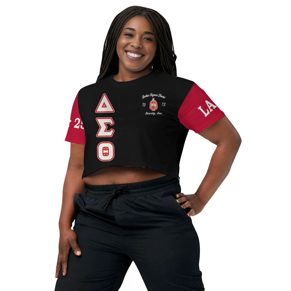 Ireishprint Delta Sigma Theta Custom Chapter Crop Shirt, Black Duo Crimson Sleeves 1913 Sorority Crop Top