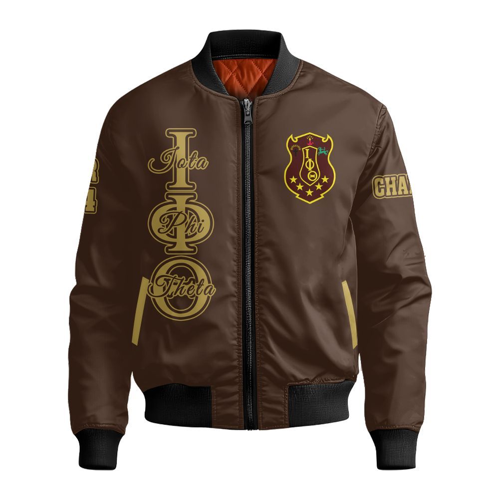 Ireishprint Iota Phi Theta Custom Chapter Shirt, Personalized Charcoal Brown Shirt Iota Phi Theta Fraternity Bomber Jacket