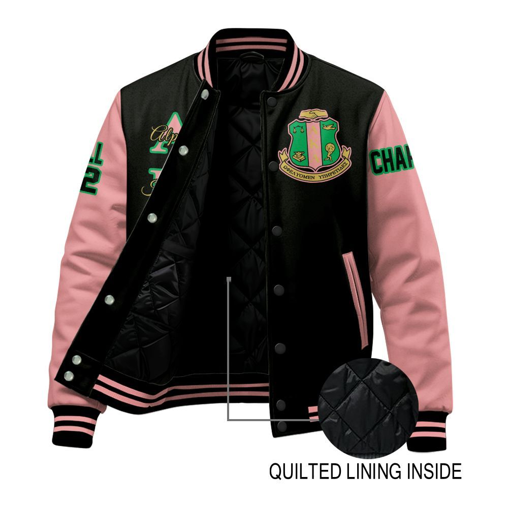 Ireishprint A.K.A Custom Chapter Stitched Jacket, Personalized Black Mix Salmon Pink 1908 Sorority Embroidered Jacket