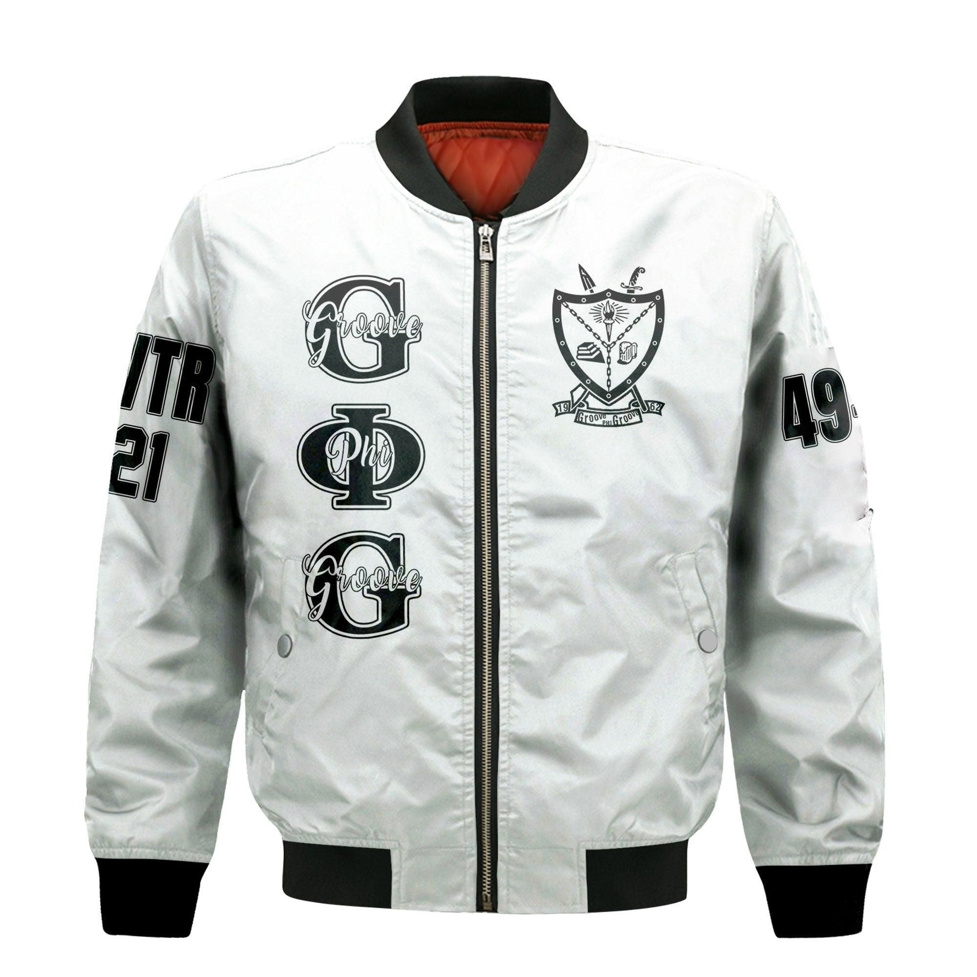 Custom Chapter Groove Phi Groove Jacket - Groove Phi Groove (White) Sleeve Zip Bomber Jacket