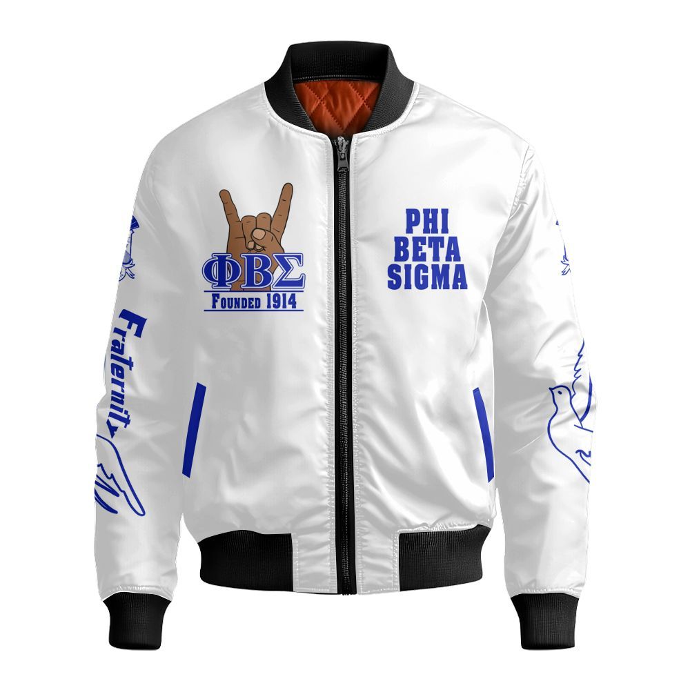 Ireishprint Phi Beta Sigma Bomber Jacket, Dove Hand Sign White Jacket Phi Beta Sigma Fraternity Bomber Jacket