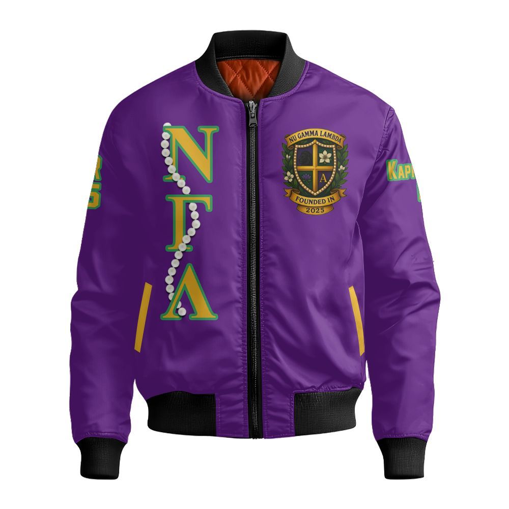 Ireishprint Nu Gamma Lambda Custom Line Crossing Jacket, Personalized Purple Nu Gamma Lambda Sorority Bomber Jacket