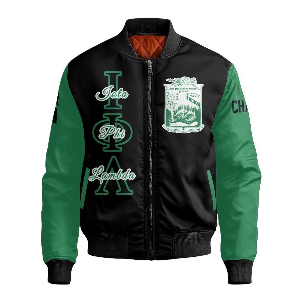Ireishprint Iota Phi Lambda Custom Chapter Shirt, Personalized Black Mix Emerald Green Shirt Iota Phi Lambda Sorority Bomber Jacket