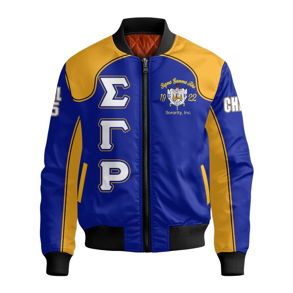 Ireishprint Sigma Gamma Rho Custom Chapter Bomber Jacket, Gold Racing Style 1922 Sorority Bomber Jacket