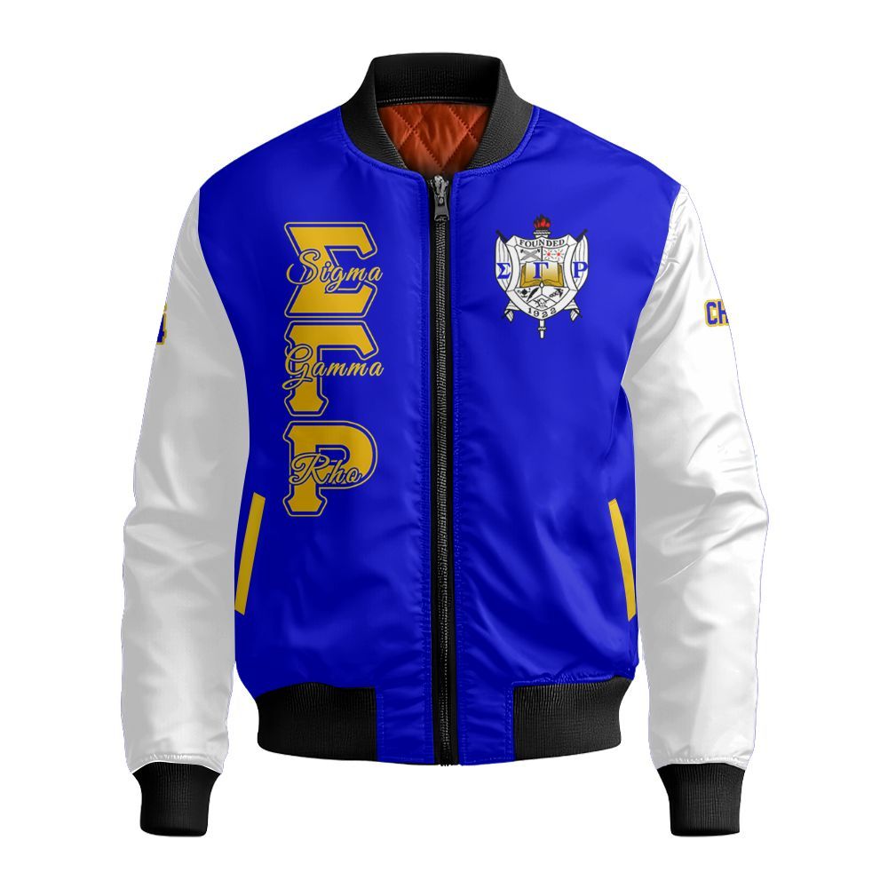 Ireishprint Sigma Gamma Rho Custom Chapter Crop Shirt, Personalized Royal Blue Mix White Sigma Gamma Rho Sorority Bomber Jacket