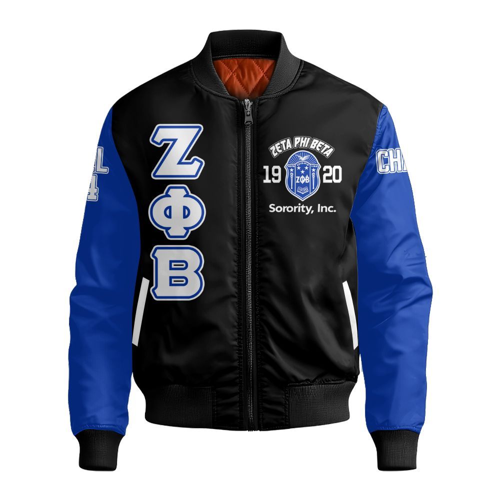 Ireishprint Zeta Phi Beta Custom Chapter Varsity Jacket, Personalized Black Jacket Blue Sleeves Z Phi B Jacket 1920 Zeta Phi Beta Sorority Bomber Jacket