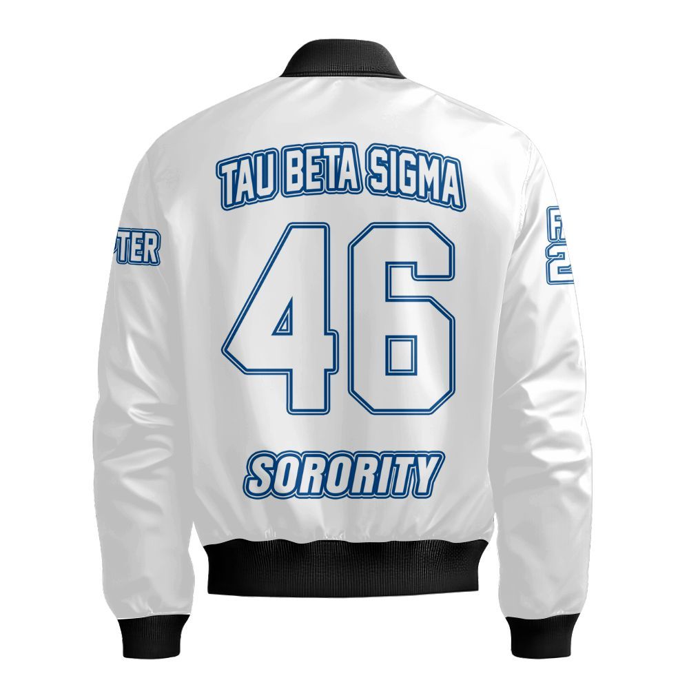 Ireishprint Tau Beta Sigma Custom Chapter Off Shoulder Sweatshirt, Personalized White Off Shoulder Sweatshirt Tau Beta Sigma Sorority Bomber Jacket