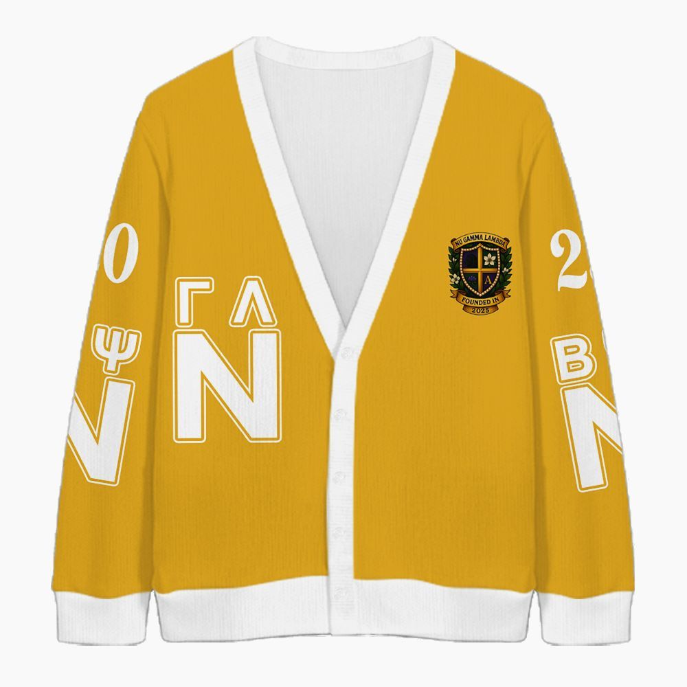 Ireishprint Nu Gamma Lambda Custom Chapter Cardigan, Personalized Yellow Nu Gamma Lambda Sorority Knitted Cardigan
