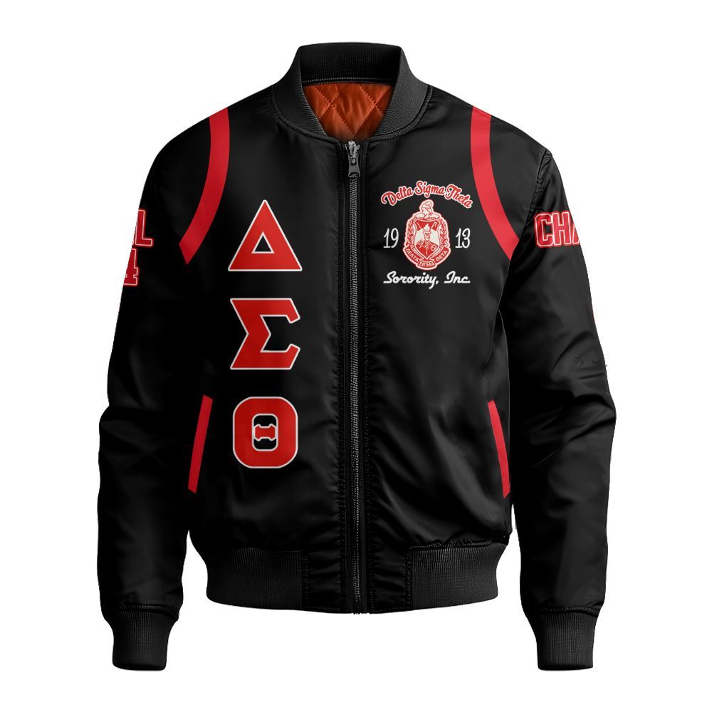 Ireishprint Delta Sigma Theta Custom Chapter Varsity Jacket, Delta Sigma Theta Crimson Shoulder Line Black Jacket 1913 Sorority Bomber Jacket