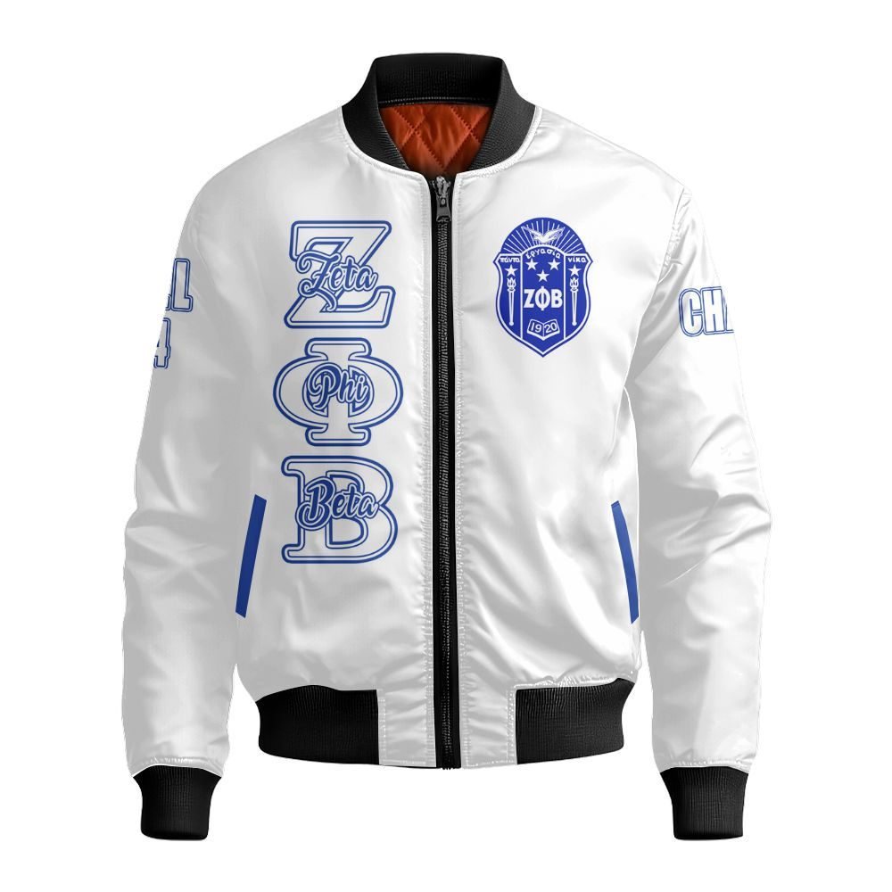 Ireishprint Zeta Phi Beta Custom Chapter Stitched Jacket, Personalized White Zeta Phi Beta Sorority Embroidered Bomber Jacket