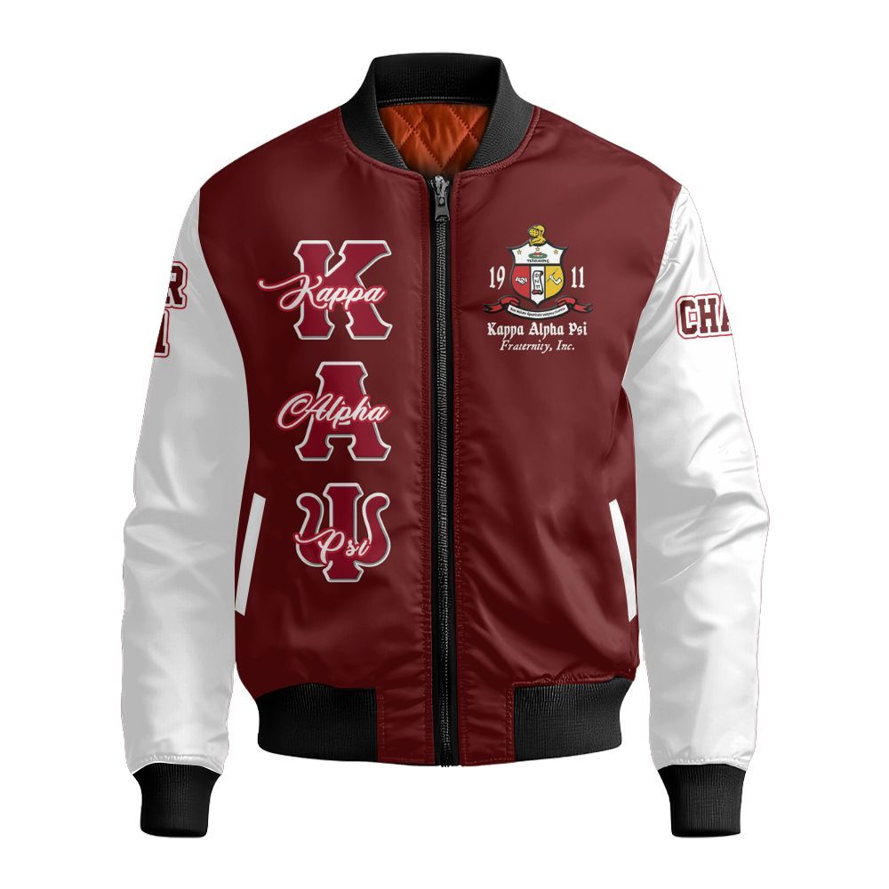 Ireishprint ΚΑΨ Custom Chapter Bomber Jacket, Personalized Crimson White Sleeve Kappa Fraternity Bomber Jacket