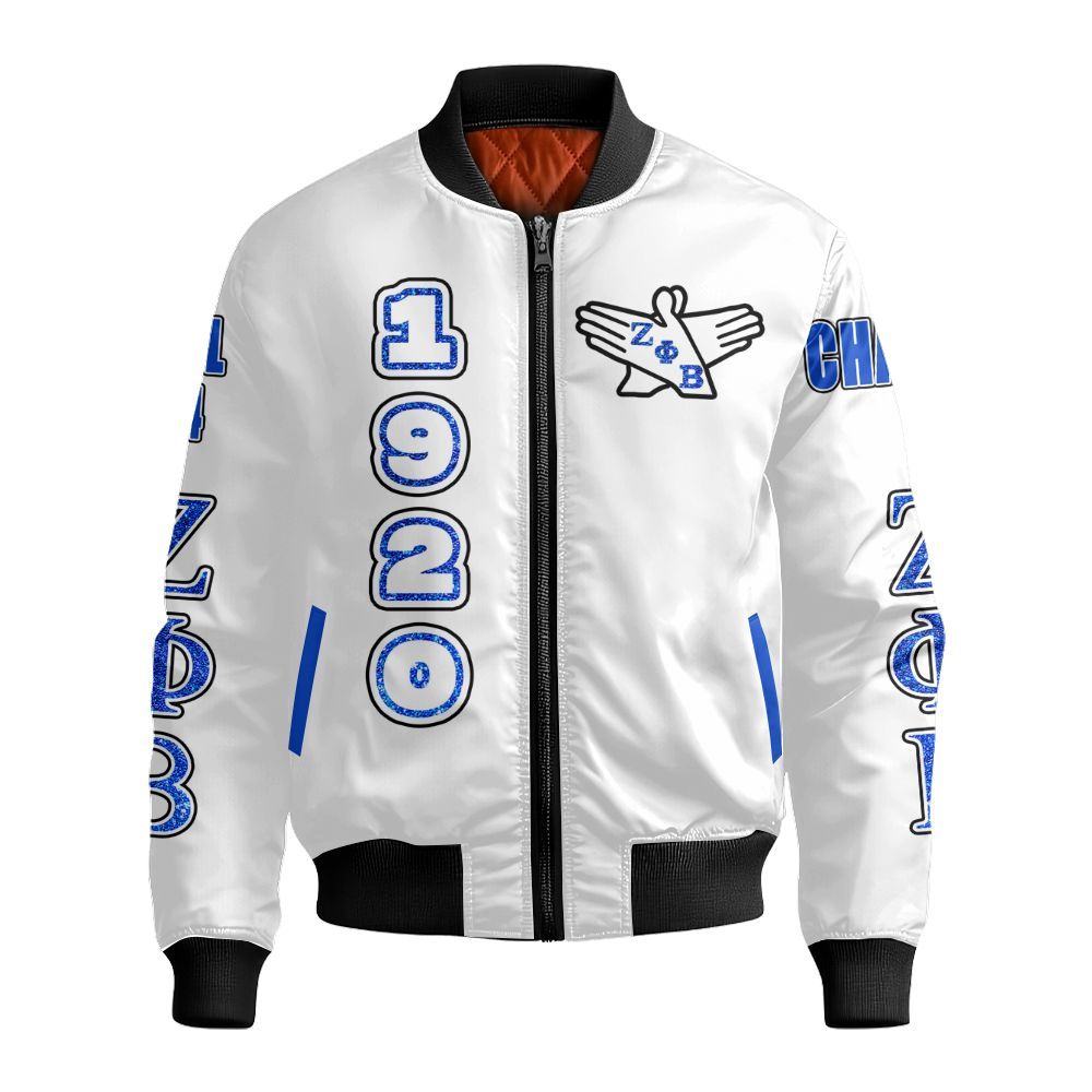 Ireishprint Zeta Phi Beta Custom Chapter Varsity Jacket, Personalized Your Z Phi B Dove White Gilter Style 1920 Zeta Phi Beta Sorority Bomber Jacket
