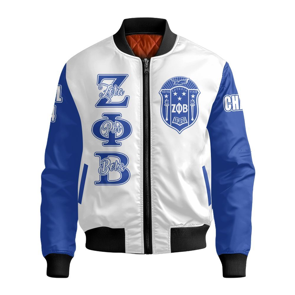 Ireishprint Zeta Phi Beta Custom Chapter Varsity Jacket, Personalized White Varsity Jacket Blue Sleeve Z Phi B 1920 Sorority Bomber Jacket