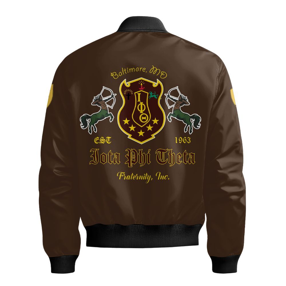 Ireishprint Iota Phi Theta Varsity Jacket, Charcoal Brown Gold Sleeves 1963 Fraternity Bomber Jacket